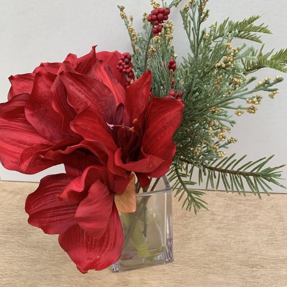 Pottery Barn 1/ Faux Berry & Amaryllis Mixed Arrangement In Glass Vase